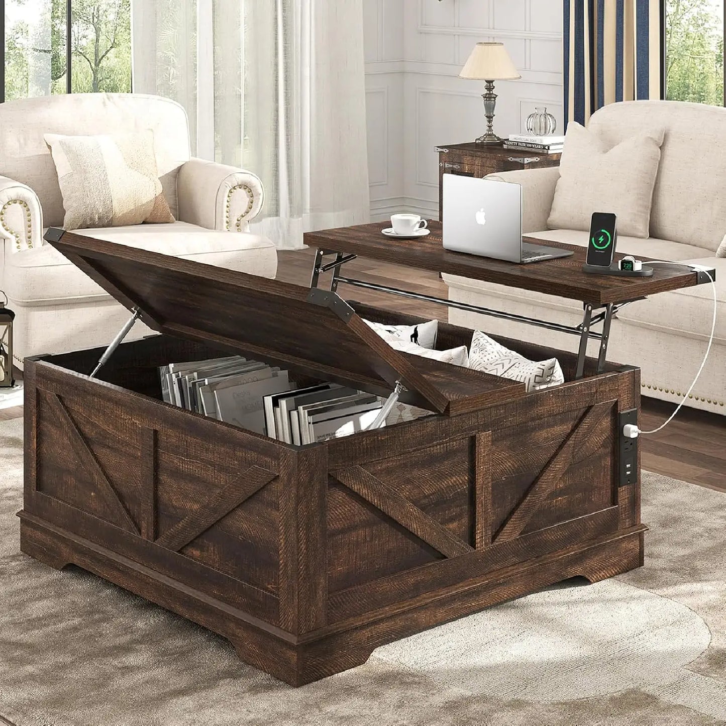 40" Farmhouse Lift Top Coffee Table, Power Outlets & Large Hidden Storage, Square Wood Living Room Table, Custom