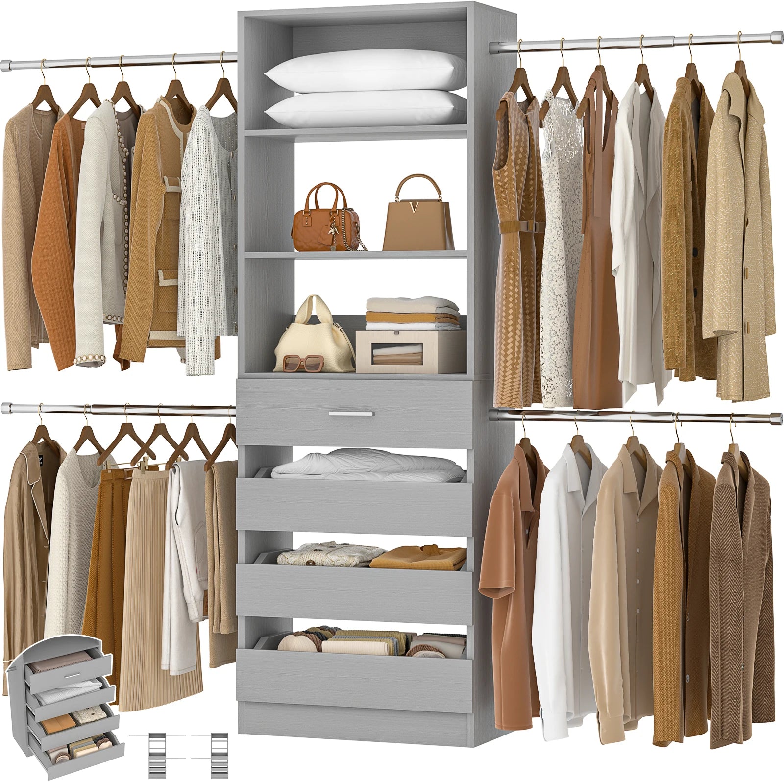 4-9Ft Closet System with 4 Wooden Drawers, Walk-in Closet Organizer Wardrobe Clothes Rack with 4 Hanging Rods, Garment Rack The Pet & Home Store