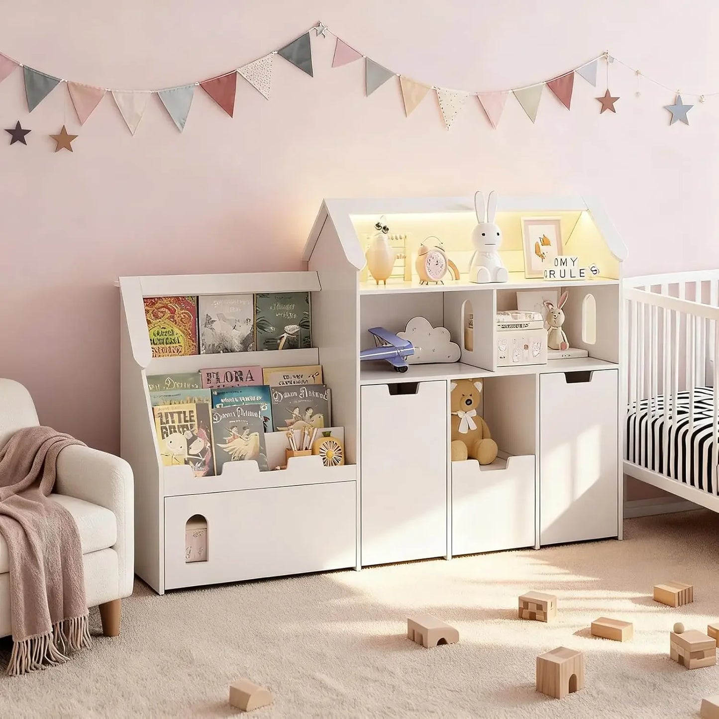 White Castle Shaped Kids Bookshelf Toy Storage Organizer With Removable Drawers Cabinets Storage Cubbies LED Lights For Bedroom