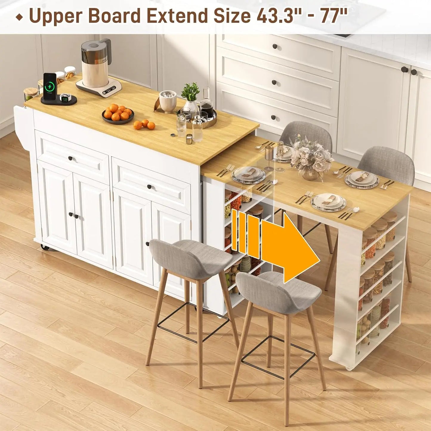 Extendable Kitchen Island With Power Outlet And Storage
