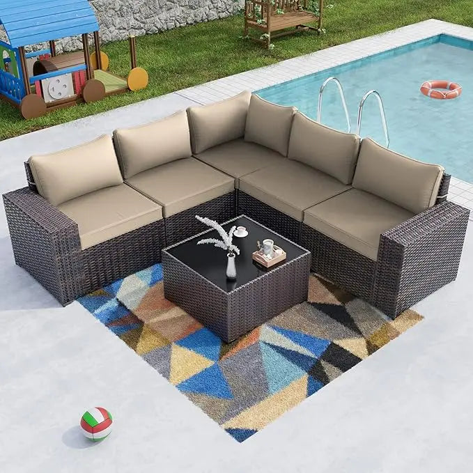 7 Pieces Outdoor Patio Furniture Set,Sectional Rattan Sofa Set Brown PE Rattan Wicker Patio Conversation Set with Tempered Glass The Pet & Home Store