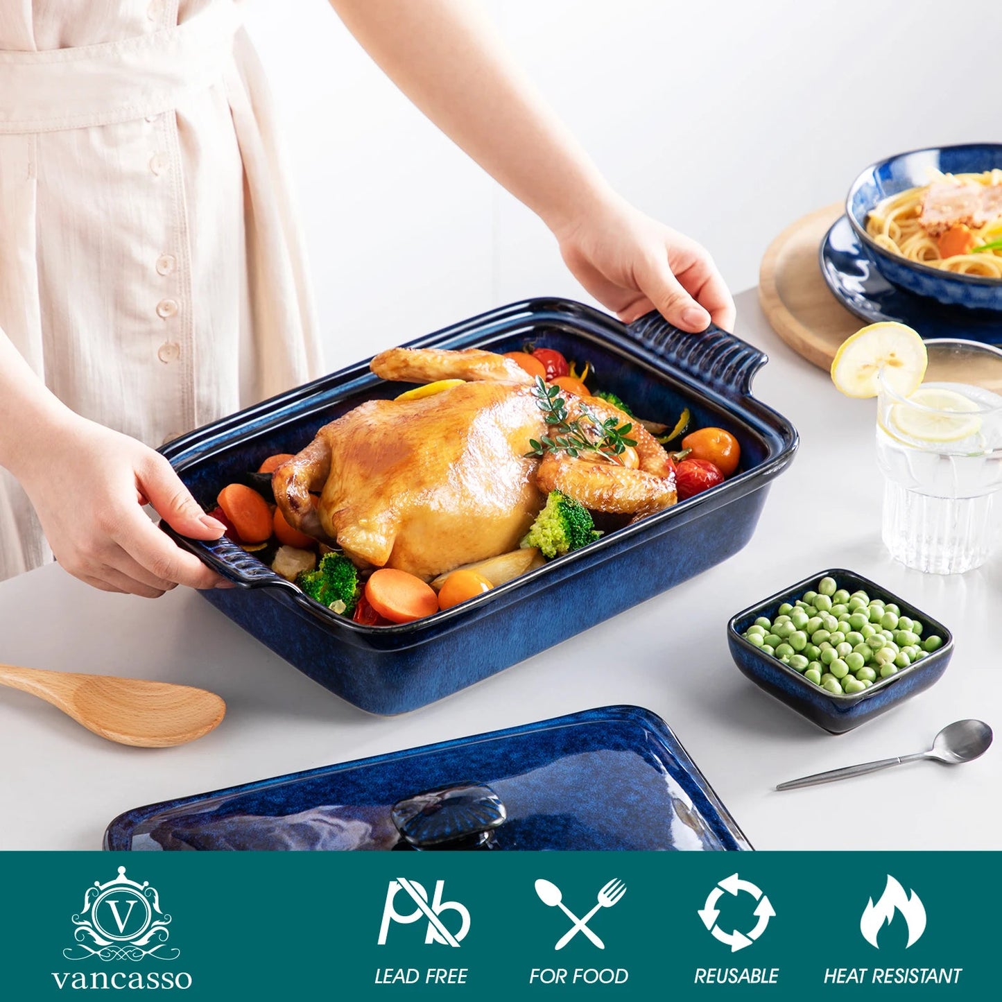 Vancasso Starry 3.8/1.9 Quart Blue Casserole Baking Dish Large Lasagna Pan with Lid Stoneware Casserole with Lid Microwave The Pet & Home Store
