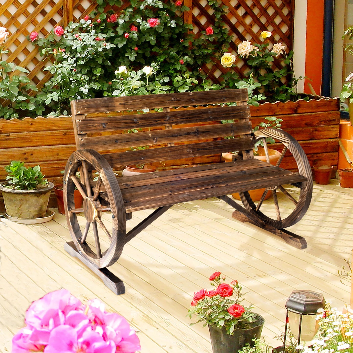 Outsunny Wagon Wheel Bench Wood Outdoor Garden Loveseat Chair Carbonized
