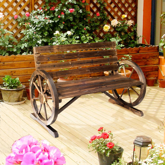 Outsunny Wagon Wheel Bench Wood Outdoor Garden Loveseat Chair Carbonized