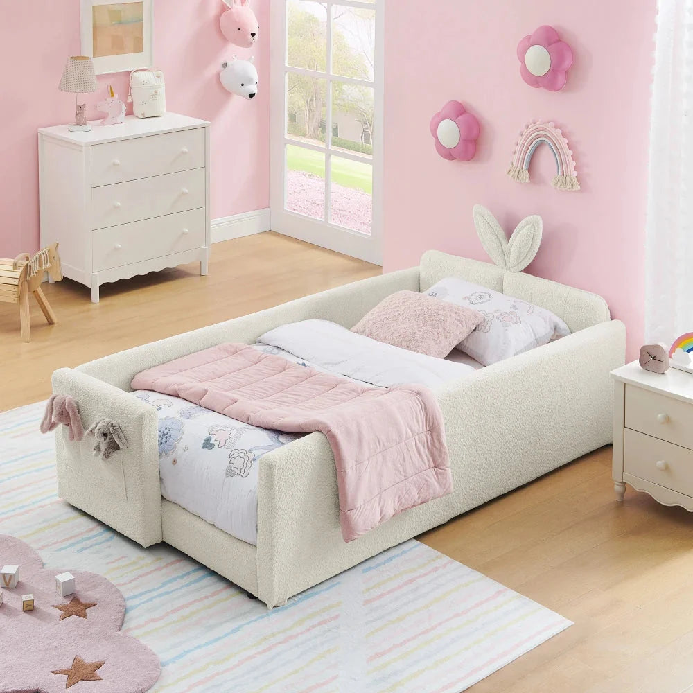 Twin Size Upholstered Platform Bed with Cute Rabbit Ear Shaped Headboard, with Safety Rail and Pocket, Boucle Fabric, Beige The Pet & Home Store