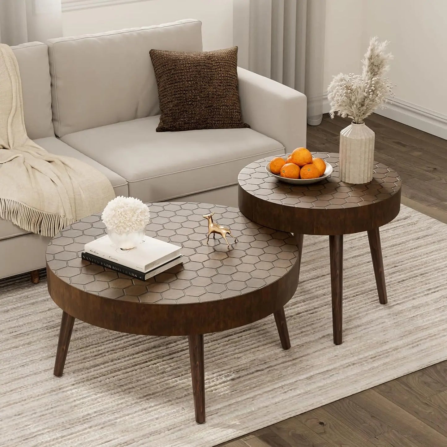 Round Coffee Table Set of 2, Nesting Tables with Honeycomb Pattern, Modern End Table for Living Room, Farmhouse,, Customized