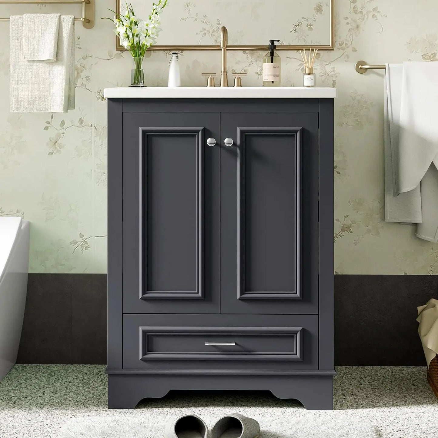 Wood Bathroom Vanity Cabinet With Ceramic Sink Adjustable Drawer Shelf