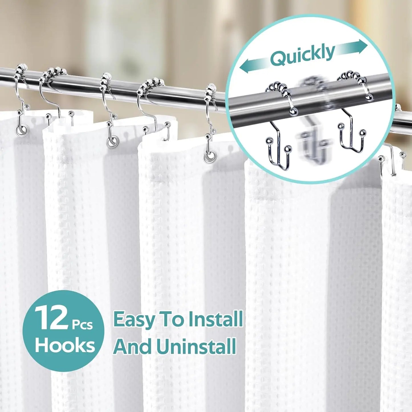 3-In-1 Shower Curtain Set With Waffle Curtain And Liner 12 Hooks
