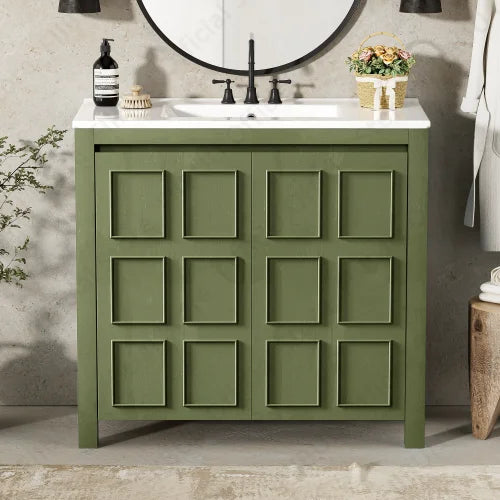 Bathroom Vanity Cabinet 36 Inch Solid Wood Organizer with Ceramic Sink Basin Storage Cabinet Bathroom Vanity Durable Soft-Close
