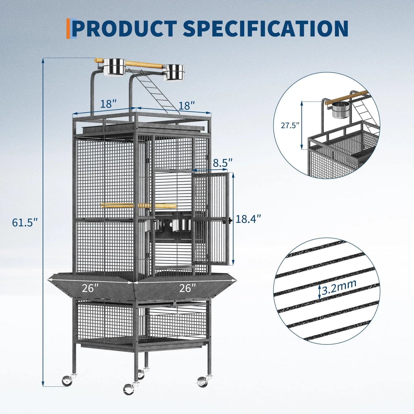 HiMISS Large Bird Cage With Rolling Stand, Sliding Tray, Bowls