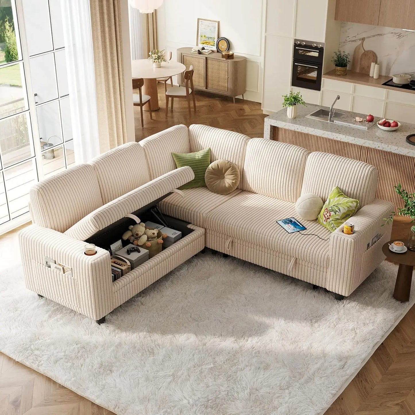 Convertible Sleeper Sectional Sofa With Storage Chaise USB Pullout