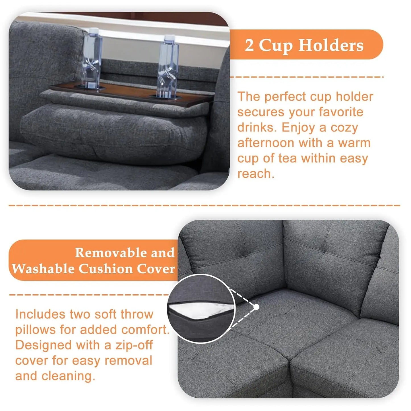 L-Shape Sectional Sofa Chaise With Ottoman And Cup Holder