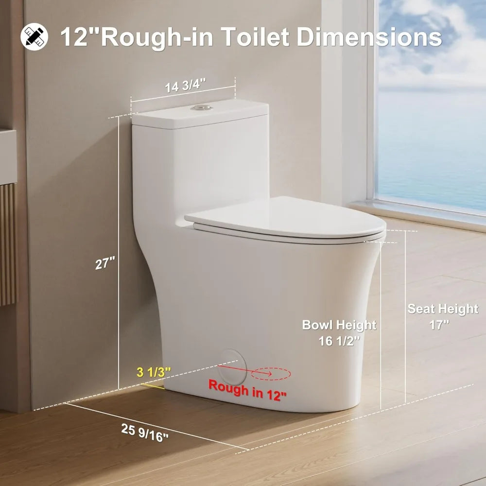 Elongated One-Piece Toilet With Dual Flush High Efficiency Ceramic