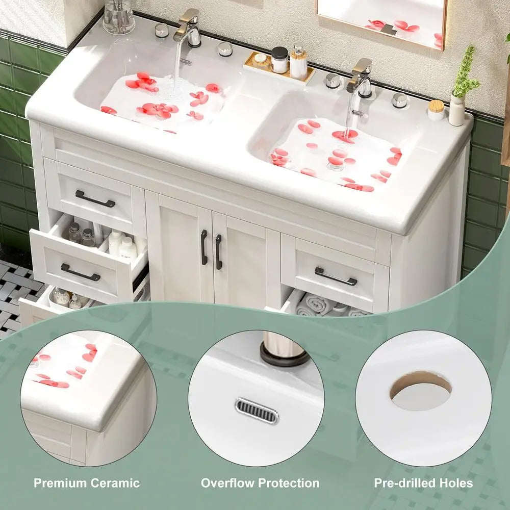 48 Inch Bathroom Vanity with Sink, Bathroom Vanity Cabinet with Doulble Sink, Bath Vanities with 2 Doand 4 Ders, White (20" D x