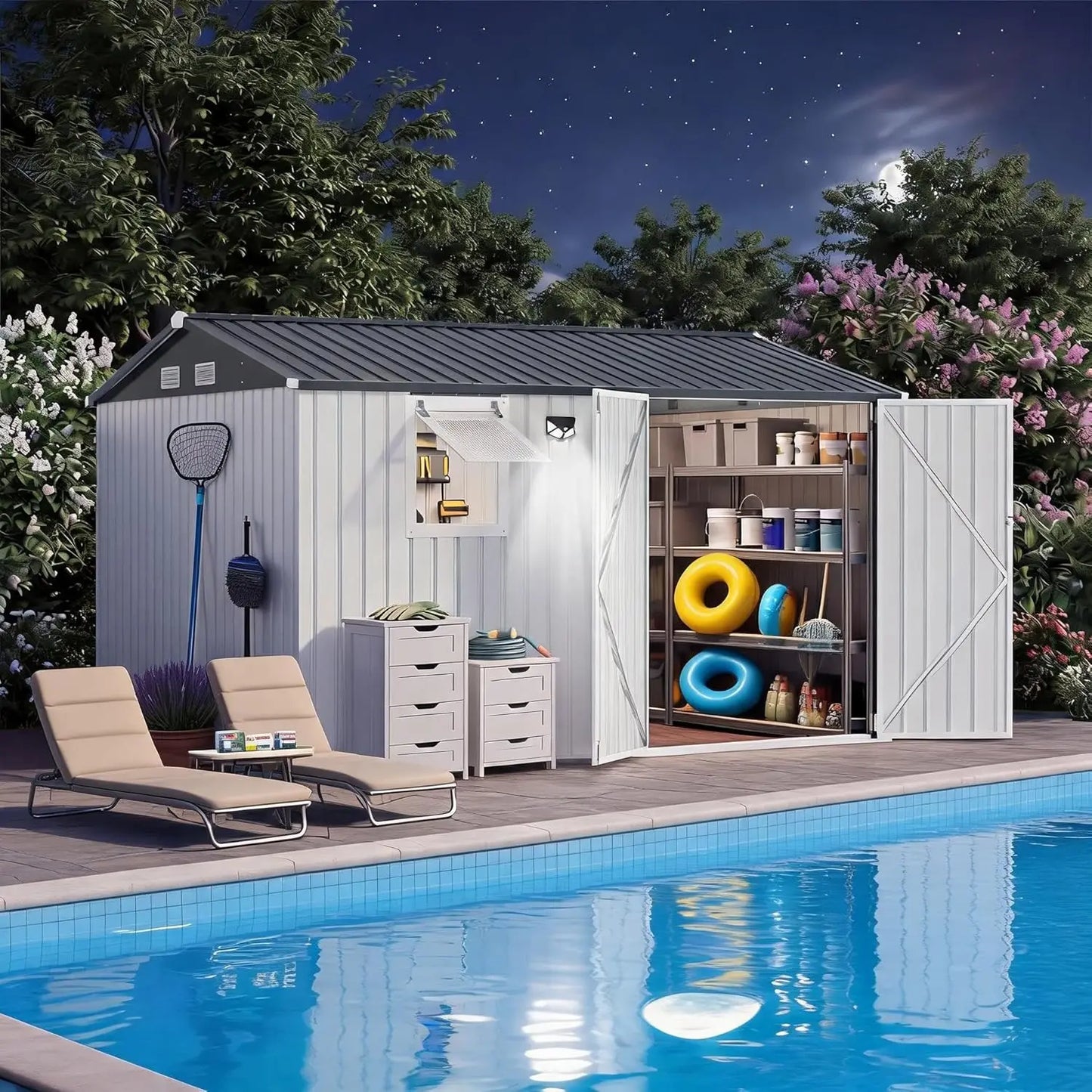 10x8FT Metal Outdoor Storage Shed Pushable Window Solar LED Pegboard Sloping Roof Lockable Doors Backyard Tool Shed, Custom