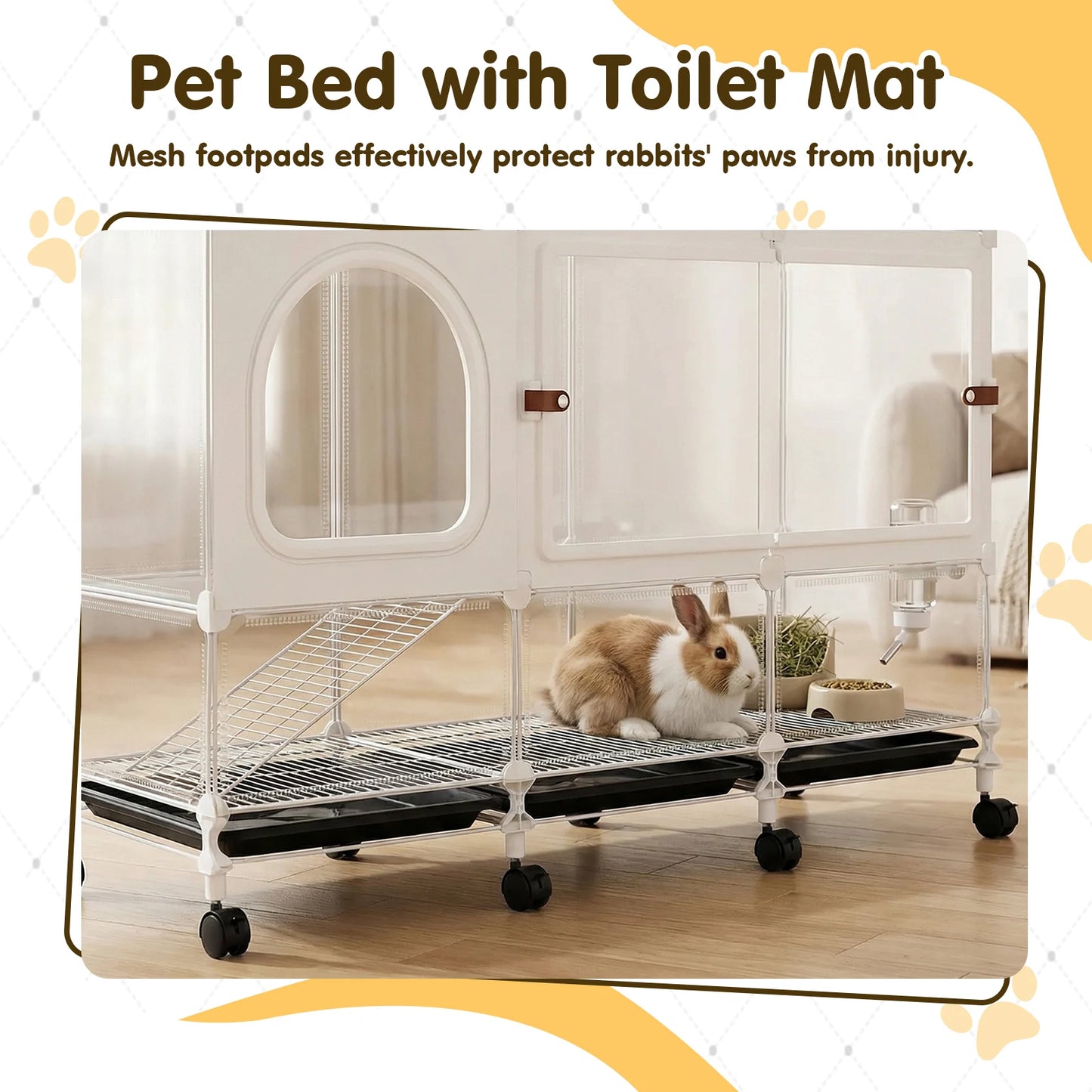 2-Tier Bunny Cage Indoor with Pull Out Tray Rolling Rabbit Hutch with Wheels 105x35x66cm for Guinea Pig Chinchillas