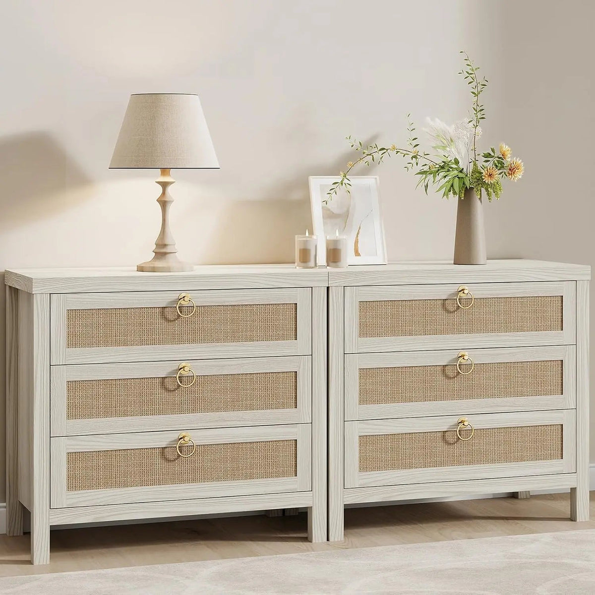 Large White Rattan Nightstands Set of 2, Boho Style with Drawers & Storage Shelf Bedroom Bedside End Table, Custom The Pet & Home Store