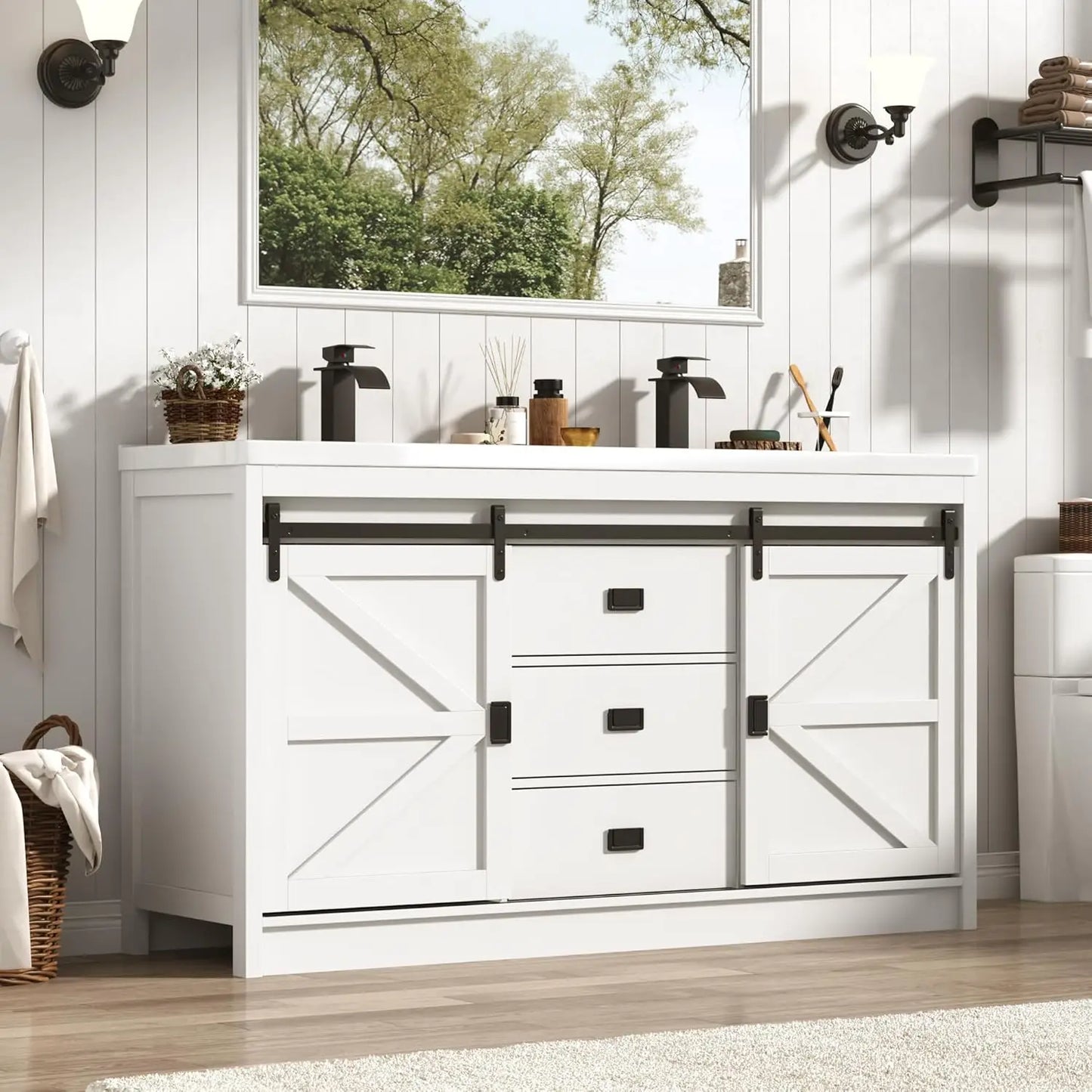 Double Bathroom Vanity with Sink & Faucet & Sewer Pipes,59" Farmhouse Bathroom Vanity Cabinet Set with 3 Storage, Custom