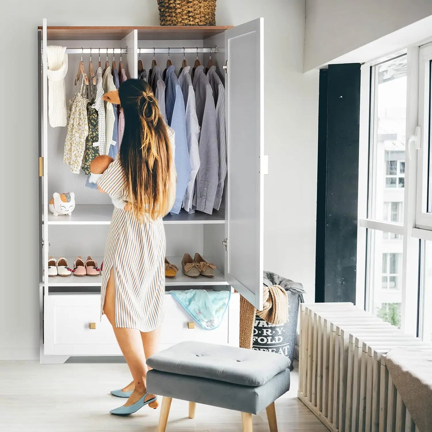 38" Wide Wardrobe Closet, White Armoire Wardrobe with Hanging Rod, Shelves and Drawer, Freestanding Closet Armoire, Custom