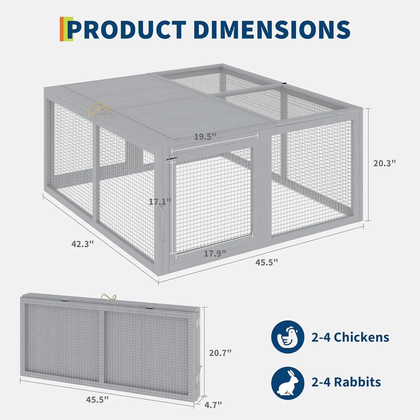 Folding Portable Wooden Chicken Coop Run No Assembly Rabbit Hutch With Predator-Proof Mesh For Outdoor Indoor Use