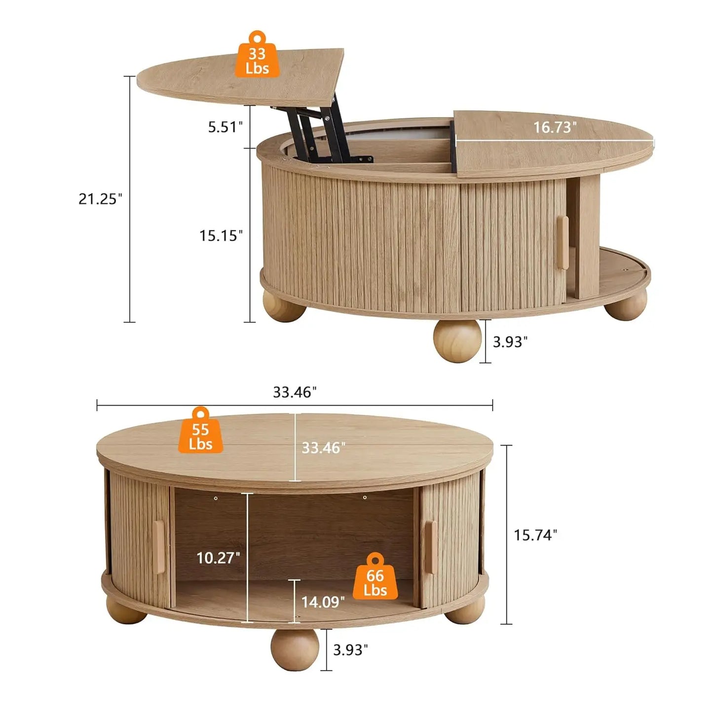 33.5" Lift-Top Coffee & 24" End Table Set 3-Piece Storage Living Room Furniture Natural Customized