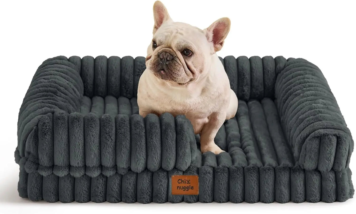 Faux Fur Orthopedic Dog Bolster Bed, Waterproof Washable Cover| rectangular dog sofa couch,egg crate foam,non-slip bottom,for small medium dogs,dark grey,30*24*7,puppy bed