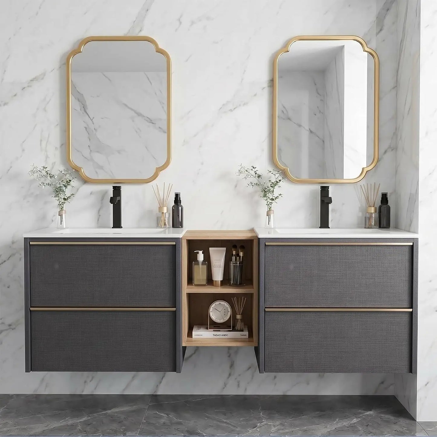 Floating Double Sink Acrylic Wood Vanity With Wall Mounted Cabinet