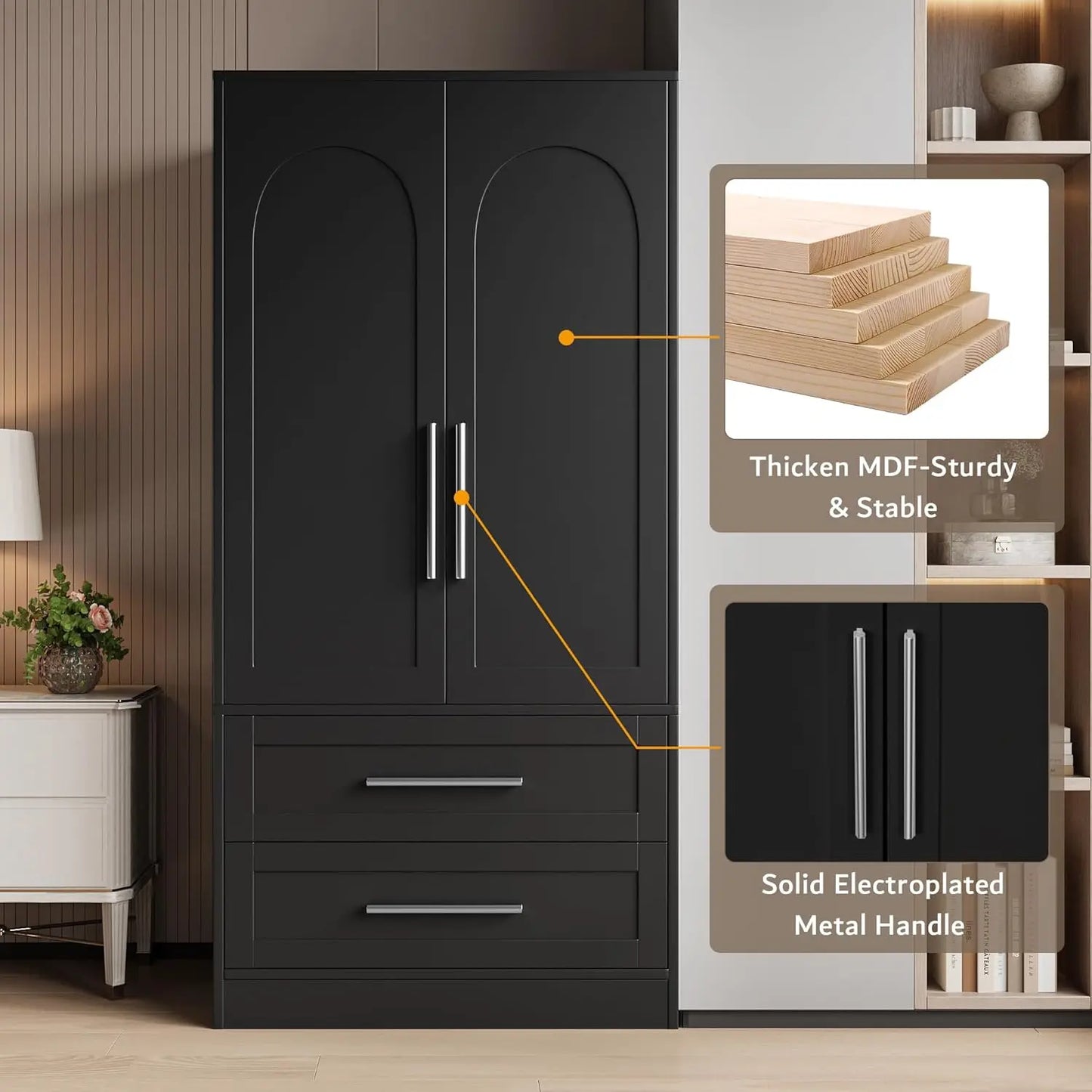 Frame Wooden Armoire Wardrobe Closet With Drawers And Hanging Rod