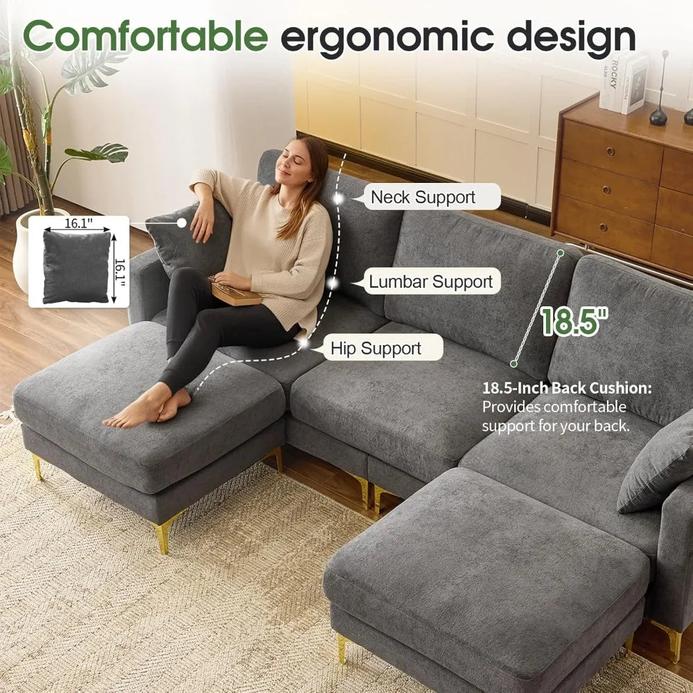 100" W U Shaped Couch with Ottoman, 22" Deep Seat Comfortable Sectional Couches for Living Room,  Chenille Fabric，Customized