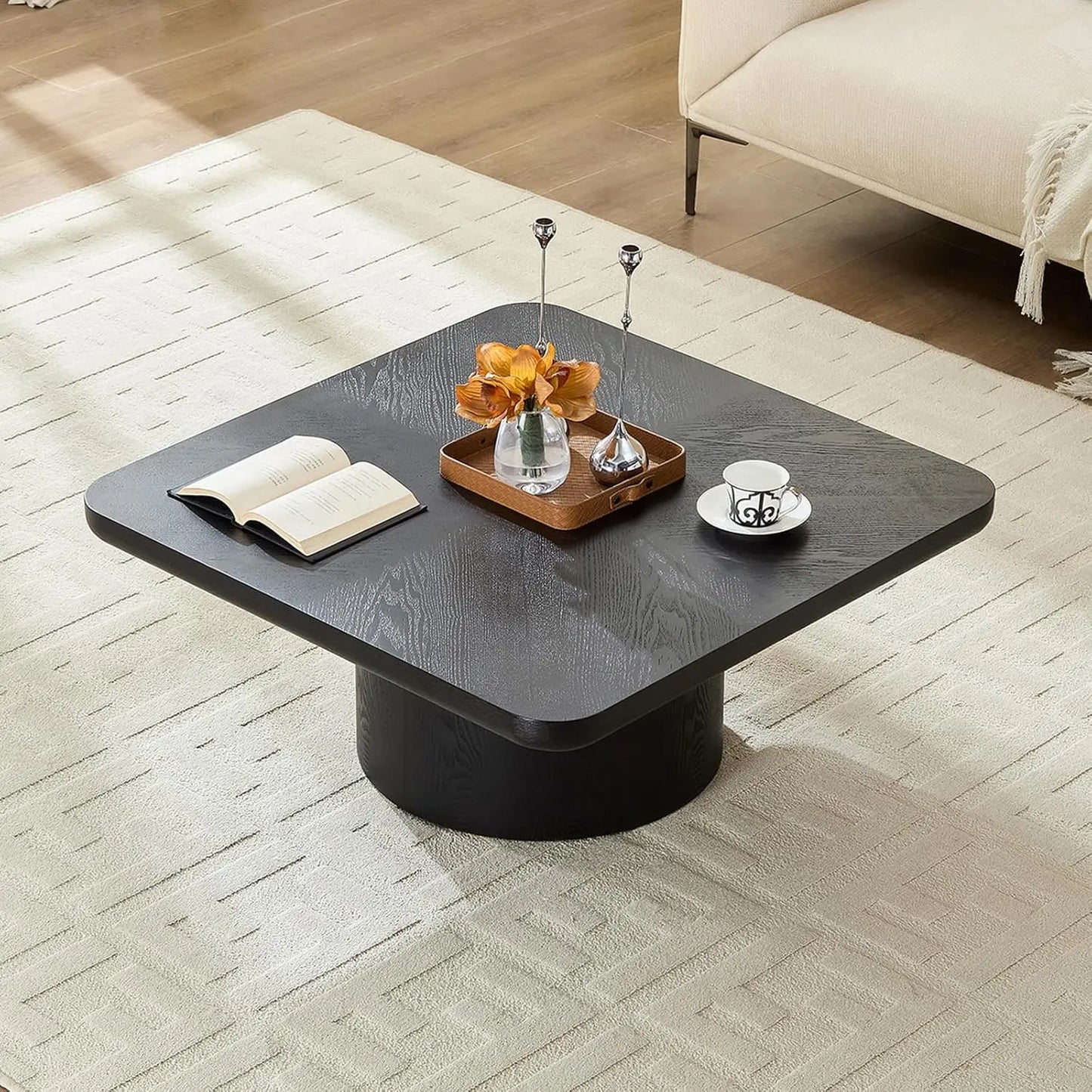 Wood Pedestal Coffee Table For Living Room Minimalist Modern Circle