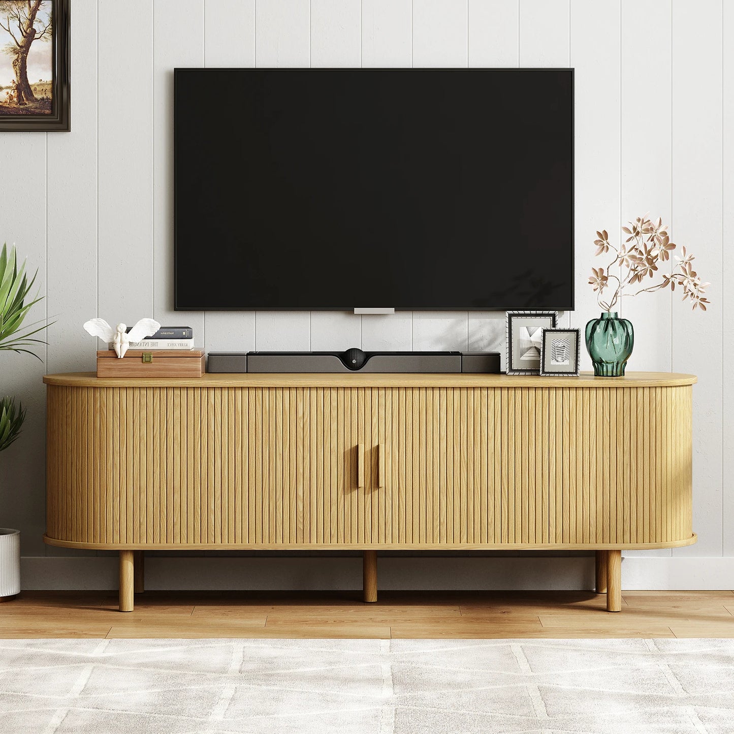 ONBRILL TV Stand With Power Outlet And Sliding Doors Storage