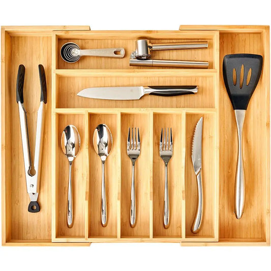 Bamboo Expandable Kitchen Silverware Drawer Organizer With Grooves