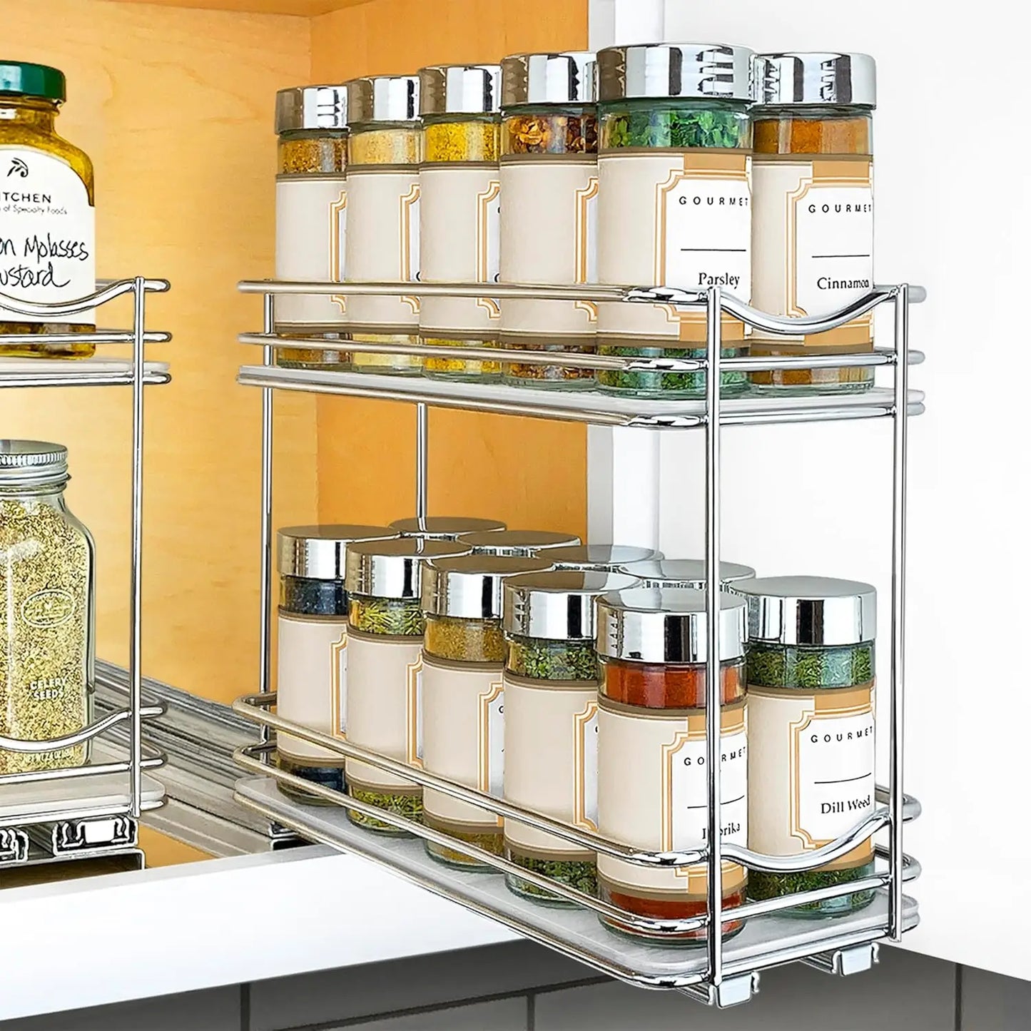 Pull Out Spice Rack Organizer for Inside Kitchen Cabinets - 4-3/8 inch Wide - Slide Out Drawer – Chrome Sliding Spice Organi