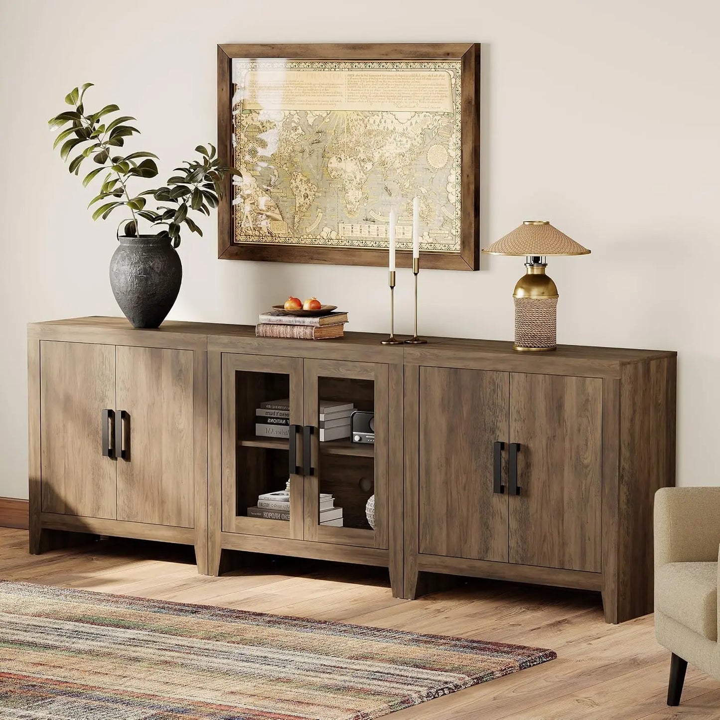 Farmhouse TV Stand for TVs up to 85 Inch, 3-Piece Modular Entertainment Center with Glass and Wood Doors, Media, Customized