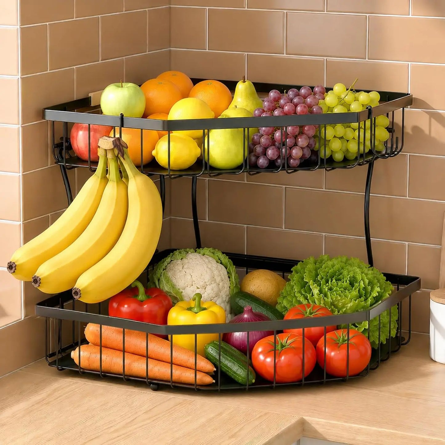 2-Tier Fruit Basket for Corner with Banana Hangers, Detachable, Large Capacity, Black