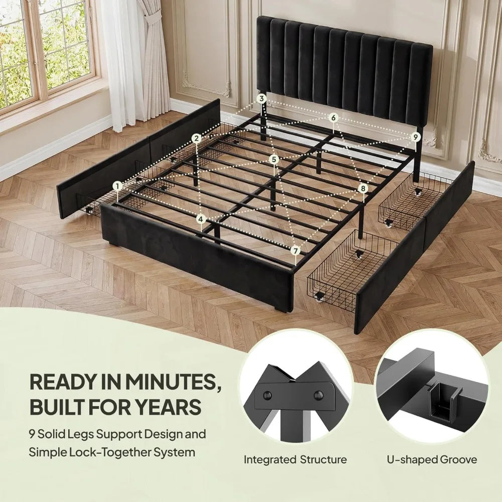 Velvet Bed Frame Queen Size 4 Drawers Storage, Upholstered Platform with Tufted Headboard, No Box Spring, Black