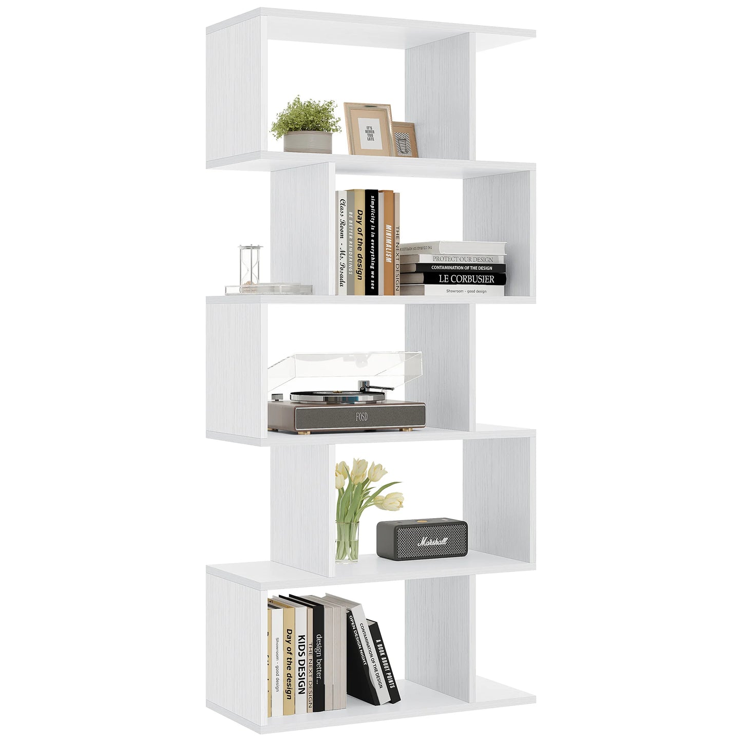 JHK Geometric 5-Tier S-Shaped Wooden Bookshelf For Home Office Display