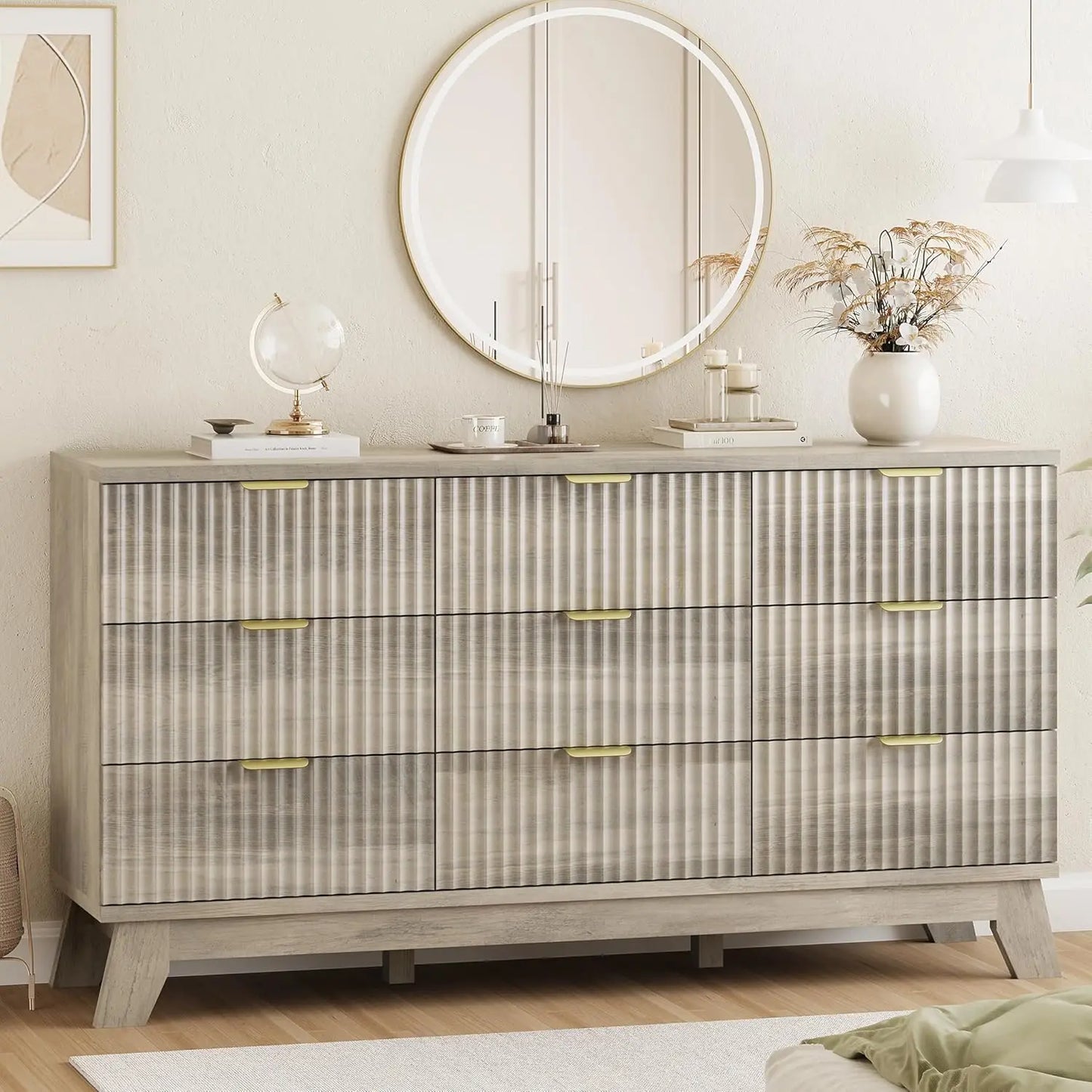 Fluted 9-Drawer Dresser In Oak Wood With Metal Handles