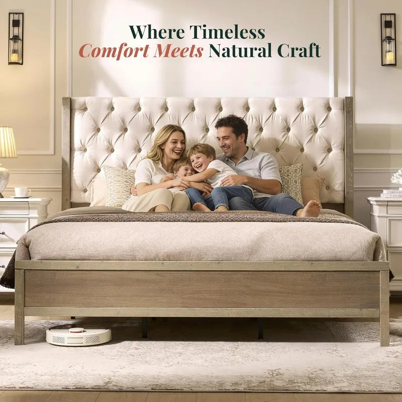 Solid Wood Bed Frame With Wingback Headboard For Modern Homes
