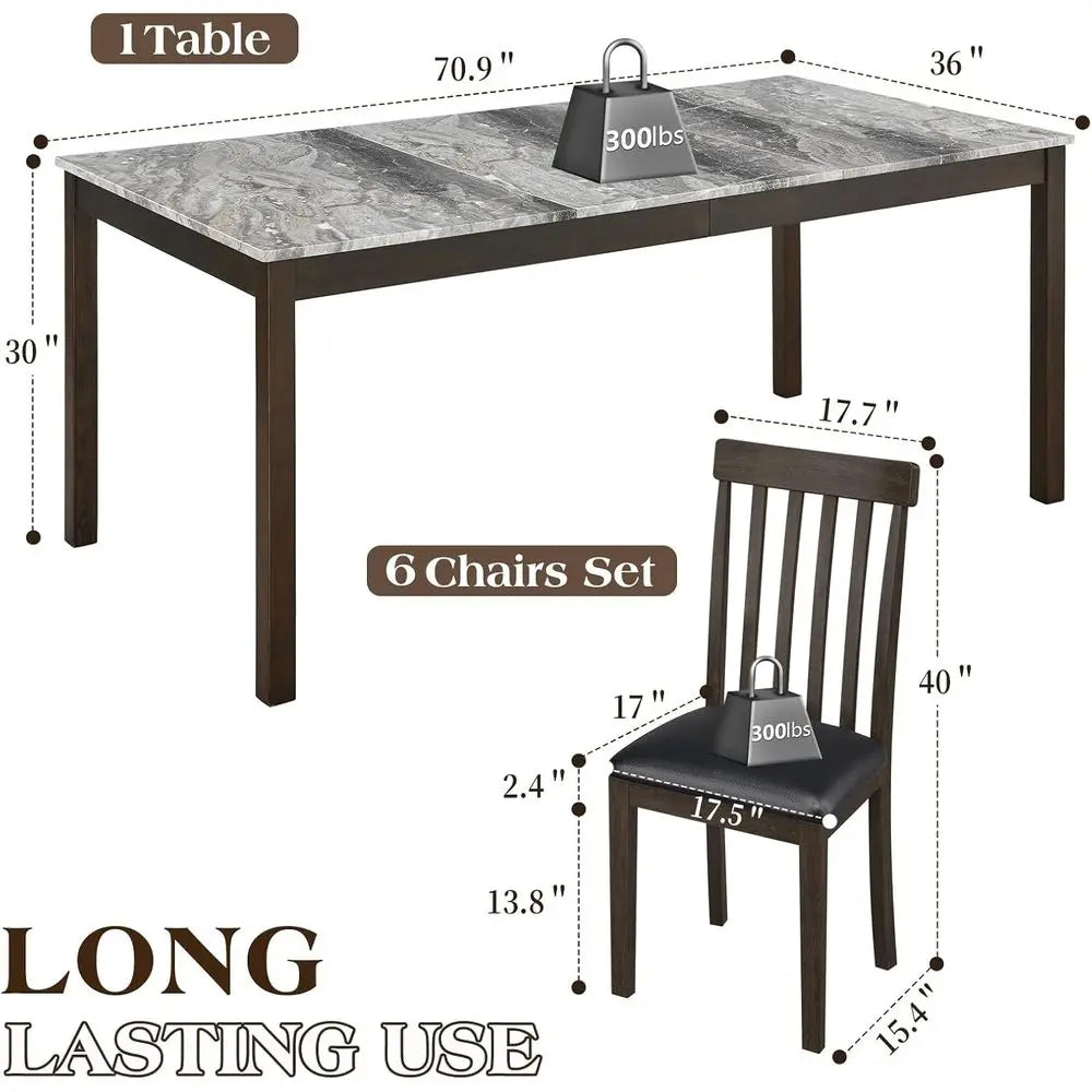 7-Piece Solid Wood Dining Table Set, 71" aux Marble Kitchen Table with 6 Chairs, Curved Backrests & PU Cushioned Seats, Perect o