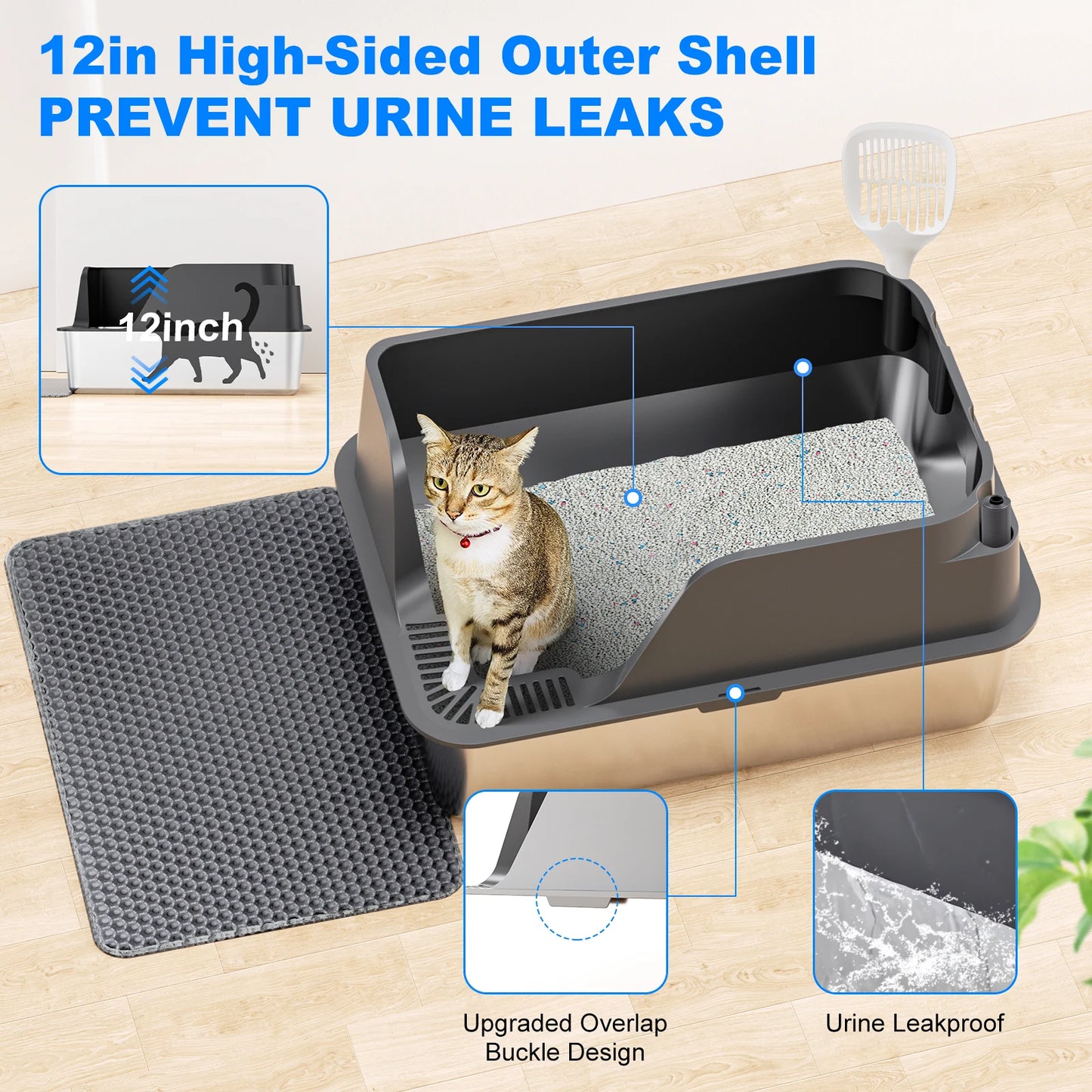 Stainless Steel Cat Litter Box Splash Proof Leakproof