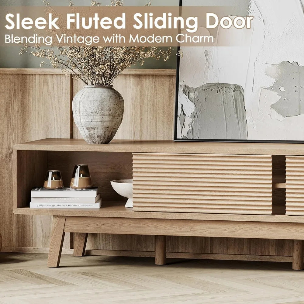DAFIFY Mid Century Modern TV Console With Fluted Sliding Doors