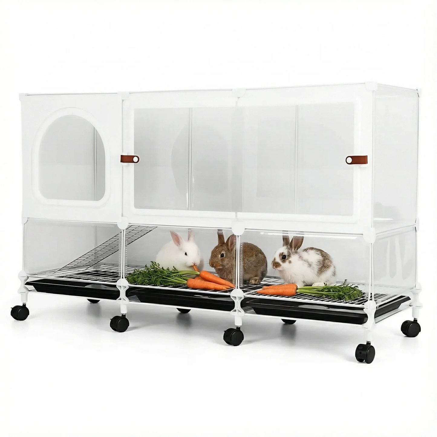 2-Tier Bunny Cage Indoor with Pull Out Tray Rolling Rabbit Hutch with Wheels 105x35x66cm for Guinea Pig Chinchillas