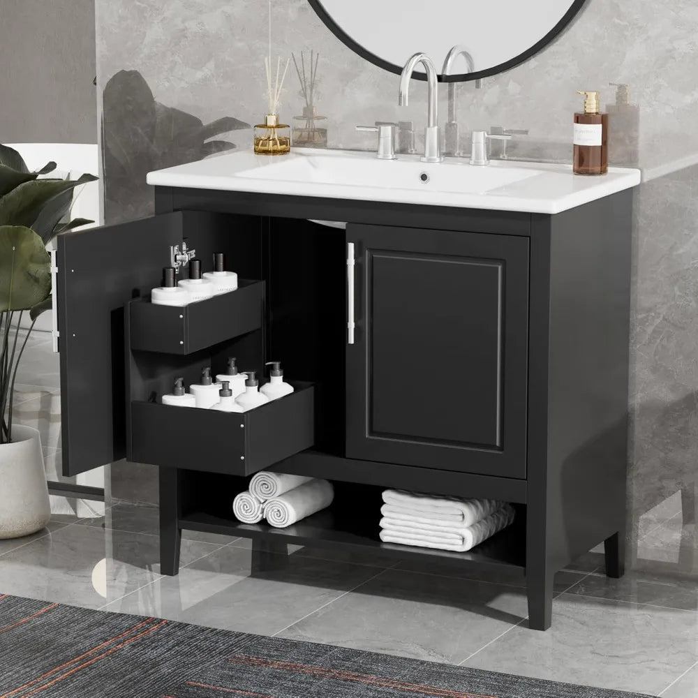 Modern Bathroom Vanity With Ceramic Sink And Open Shelf