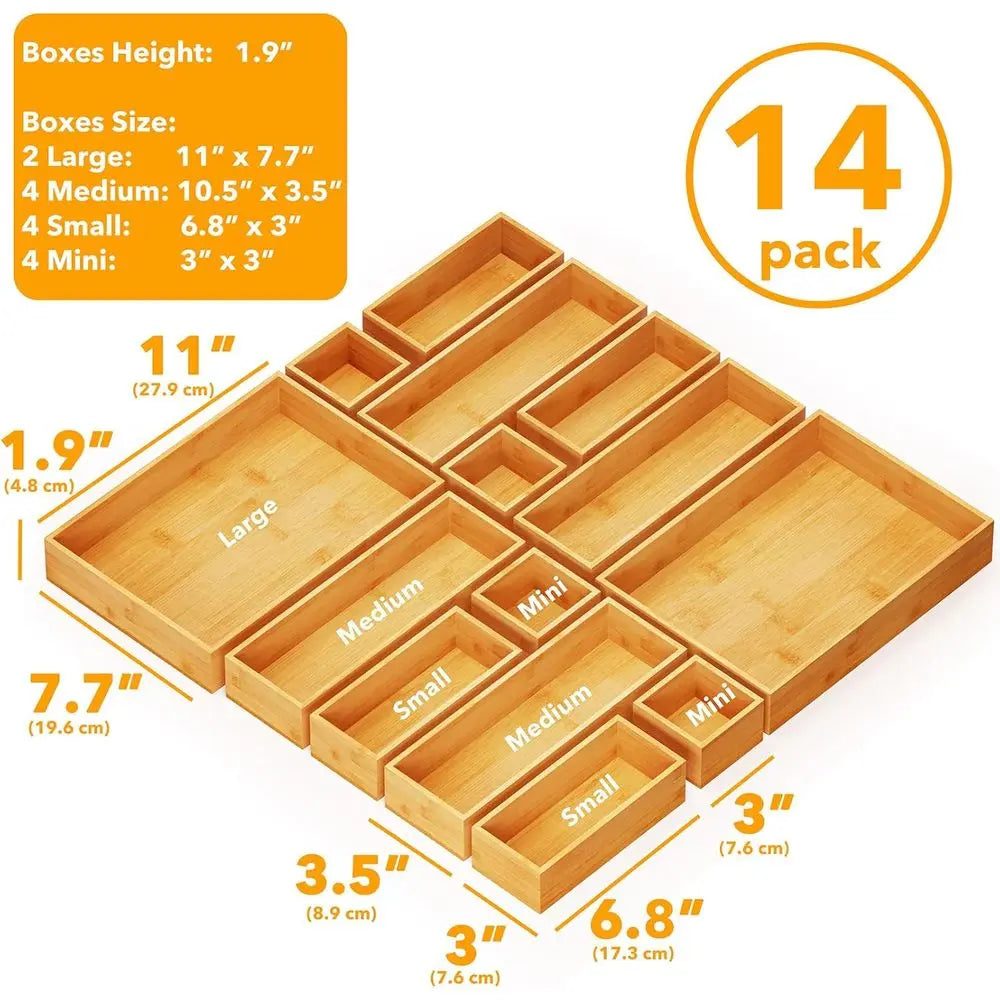14-Piece Bamboo Drawer Organizer Storage Boxes Set, Multi-Use Divider Bins for Kitchen, Bathroom, Office Desk, Makeup Organizati