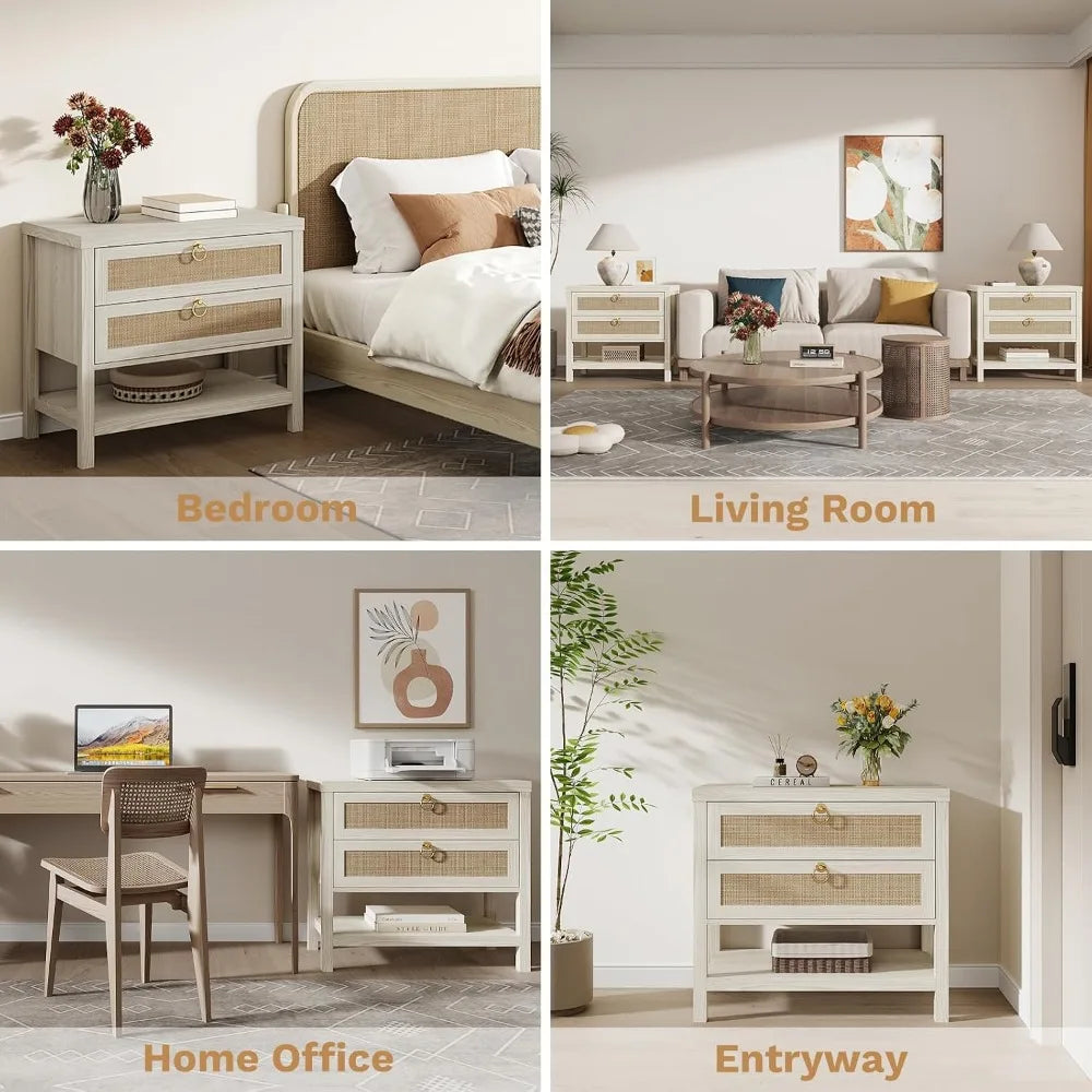 Large White Rattan Nightstands Set of 2, Boho Style with Drawers & Storage Shelf Bedroom Bedside End Table, Custom The Pet & Home Store