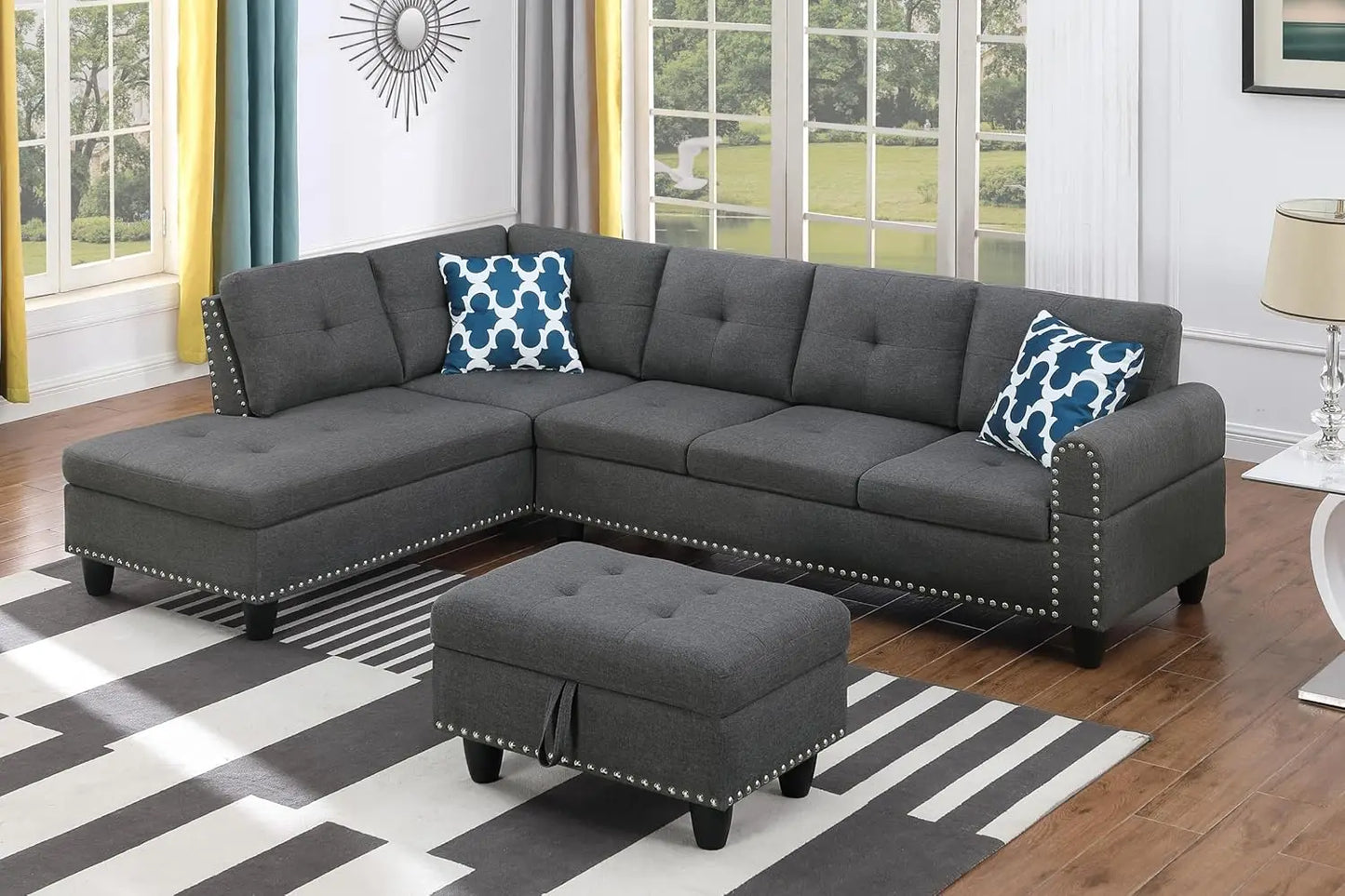 L-Shape Sectional Sofa Chaise With Ottoman And Cup Holder
