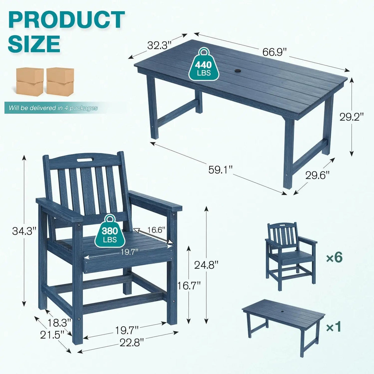 7pc HIPS Outdoor Dining Set 66.9in Table Umbrella Hole 440lb 6 Wide Chairs Galvanized Steel Navy Blue Customized The Pet & Home Store