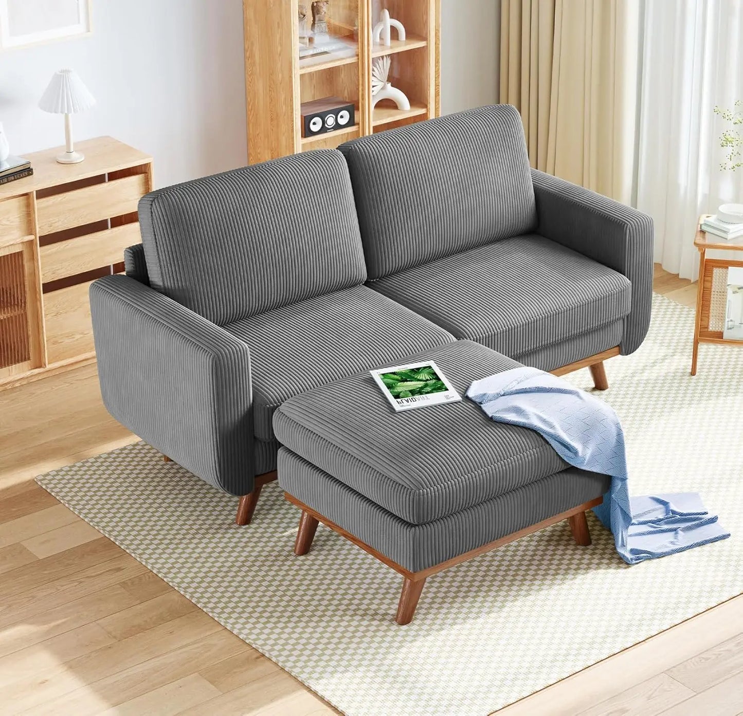 Corduroy L-Shape Modular Sofa With Movable Ottoman Sectional