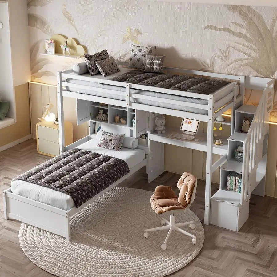 MBVM Twin Over Twin Bunk Bed With Desk And Storage